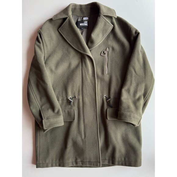 LOVE MOSCHINO Olive Green Felted Wool Car Coat, Size 2 - Picture 5 of 15